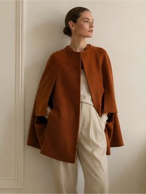 Piazza Sempione Italy Cashmere Wool Cape Jacket Coat IT 42 Cognac Camel Luxury